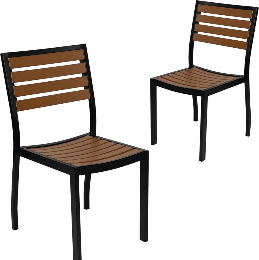 Flash Furniture 2-Pack Outdoor Stackable Side Chairs with Durable Faux Teak Slats for Patio, Garden, or Pool