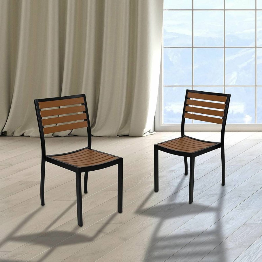 Flash Furniture 2-Pack Outdoor Stackable Side Chairs with Durable Faux Teak Slats for Patio, Garden, or Pool