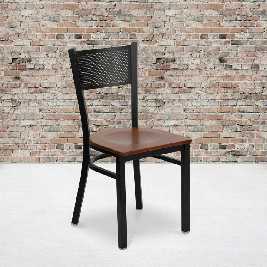 Flash Furniture Hercules Series Black Metal Grid Back Restaurant Chair with Cherry Wood Seat - Durable Commercial Dining Chairs