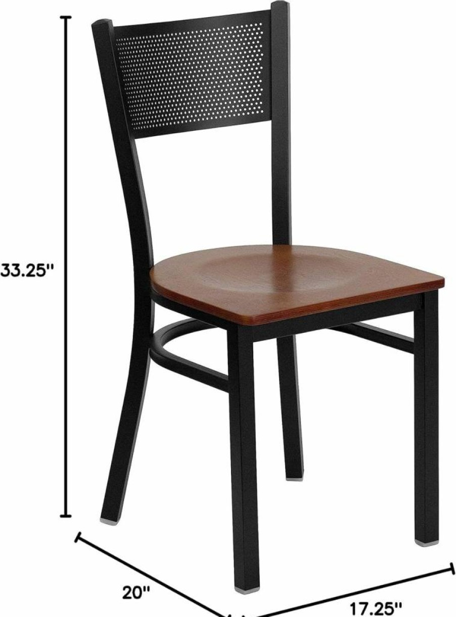 Flash Furniture Hercules Series Black Metal Grid Back Restaurant Chair with Cherry Wood Seat - Durable Commercial Dining Chairs