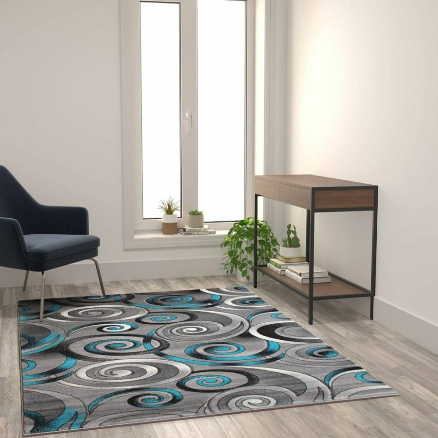 Flash Furniture Masie Collection 5' x 7' Turquoise Swirl Olefin Area Rug with Jute Backing for Living Room, Bedroom, Entryway