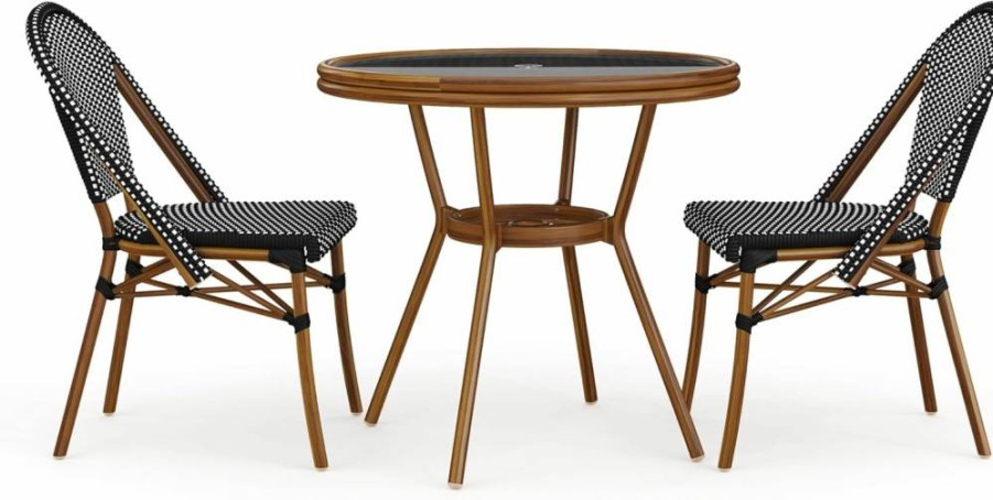 Martha Stewart 3-Piece Woven Rattan Bistro Set - Indoor-Outdoor Navy & White with Aluminum Frame & Glass Tabletop