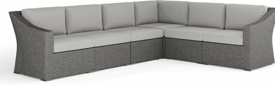 Martha Stewart Bedford 6-Piece Modular Sectional Sofa Set for Indoor-Outdoor Use with Rattan Wicker Finish and Gray All-Weather Cushions