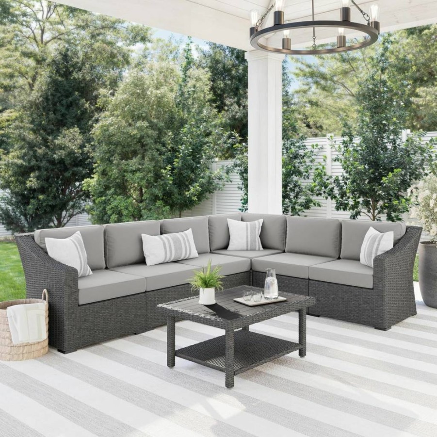 Martha Stewart Bedford 6-Piece Modular Sectional Sofa Set for Indoor-Outdoor Use with Rattan Wicker Finish and Gray All-Weather Cushions