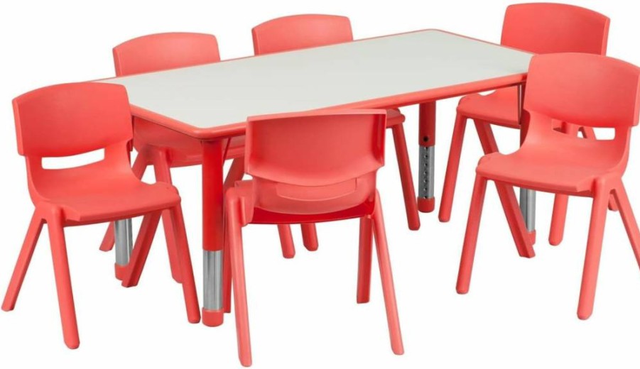 Flash Furniture Emmy Kids Activity Table & 6 Stackable Chairs - 23.6"W x 47.2"L Blue/Gray Plastic Classroom Set