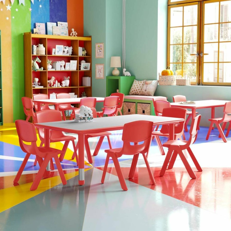 Flash Furniture Emmy Kids Activity Table & 6 Stackable Chairs - 23.6"W x 47.2"L Blue/Gray Plastic Classroom Set