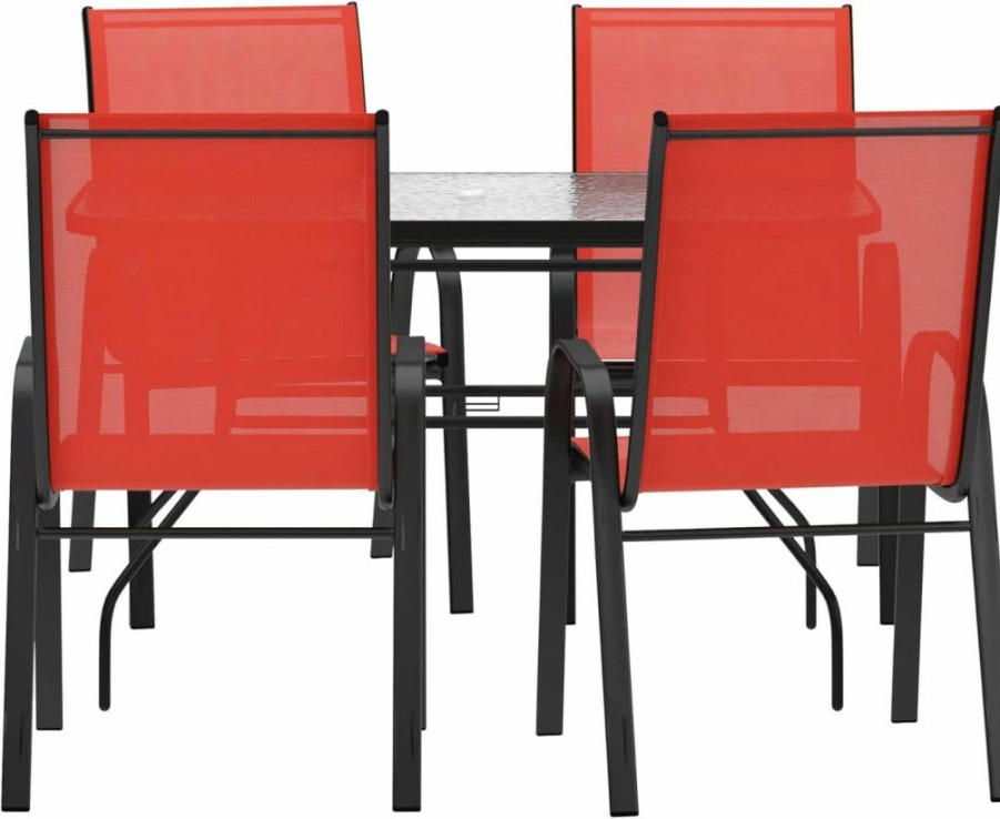 Flash Furniture Brazos 47" Outdoor Dining Set with Tempered Glass Table, 4 Stackable Flex Comfort Chairs, Navy/Black, Umbrella Hole - Commercial Patio Furniture