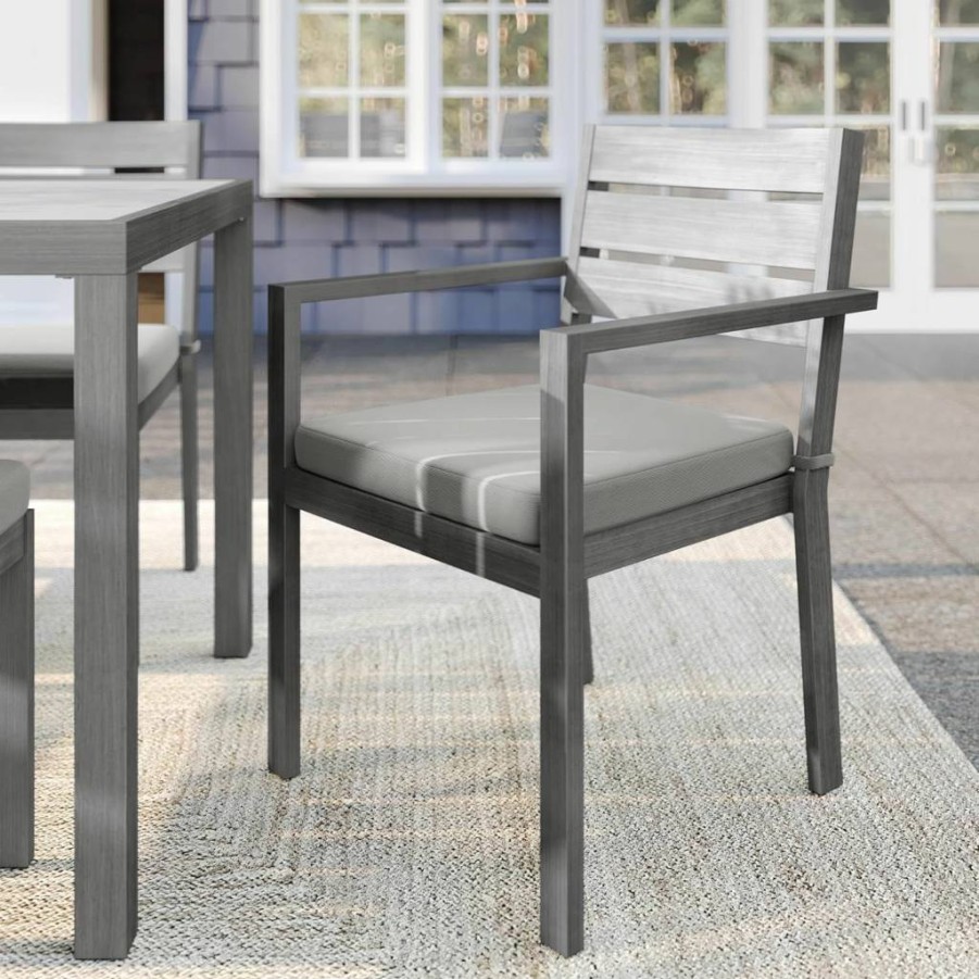 Martha Stewart Bedford 2-Piece Stackable Aluminum Patio Chair Set with Woodgrain Finish & Gray All-Weather Cushions for Indoor-Outdoor Use