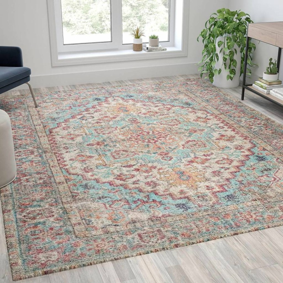 Flash Furniture Katherine Vintage Medallion Blue Polyester Area Rug - 5' x 7' - Distressed Medallion Pattern, Soft Textured Finish, Multi-Tone Design