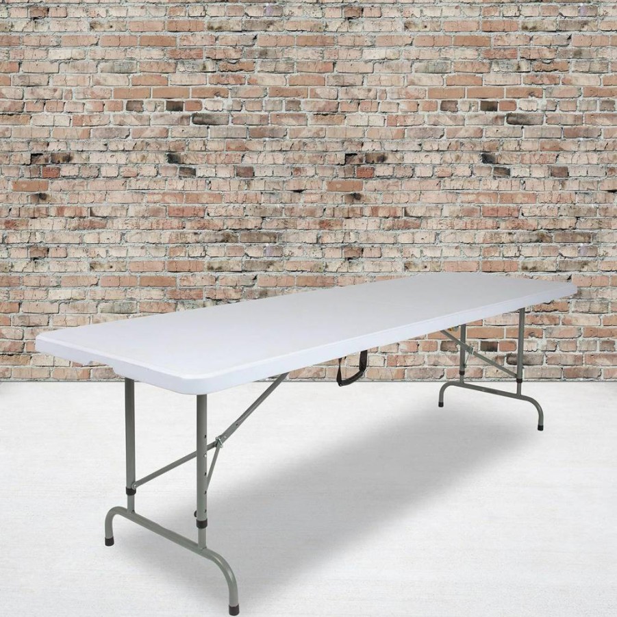 Flash Furniture 8ft White Bi-Fold Rectangular Plastic Folding Table with Handle for Indoor & Outdoor Events