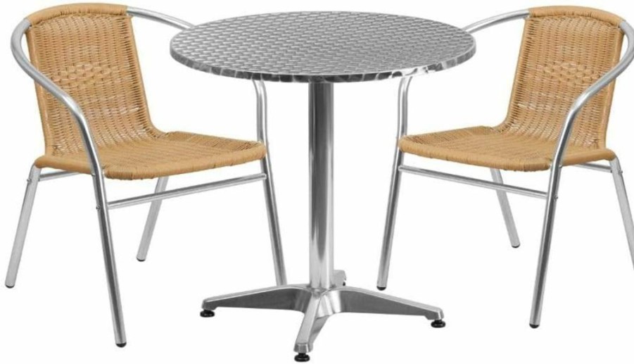 Flash Furniture 27.5" Round Aluminum Patio Dining Set with 2 Dark Brown Wicker Chairs for Indoor-Outdoor Use