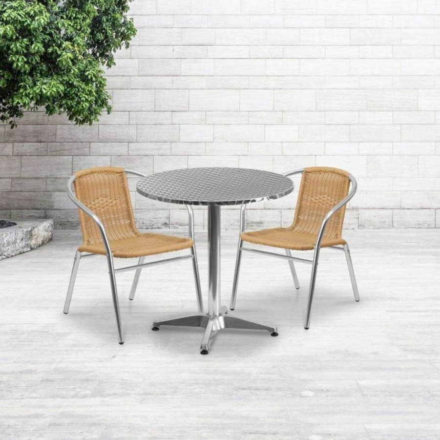 Flash Furniture 27.5" Round Aluminum Patio Dining Set with 2 Dark Brown Wicker Chairs for Indoor-Outdoor Use