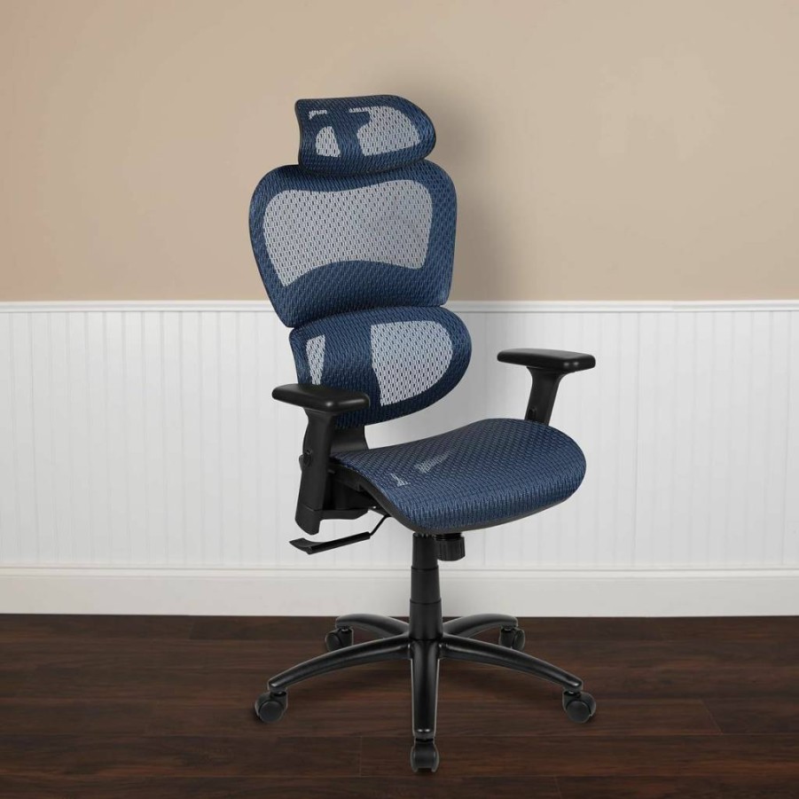 Flash Furniture Ergonomic Mesh Office Chair with Synchro-Tilt, Adjustable Headrest, Lumbar Support & Pivot Arms - Blue
