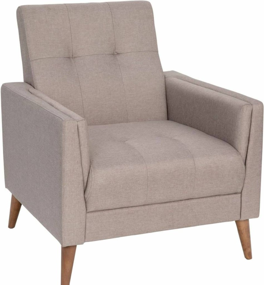 Flash Furniture Conrad Mid-Century Modern Chair - Taupe Faux Linen Upholstery, Wood Legs, Buttonless Design, Commercial Use