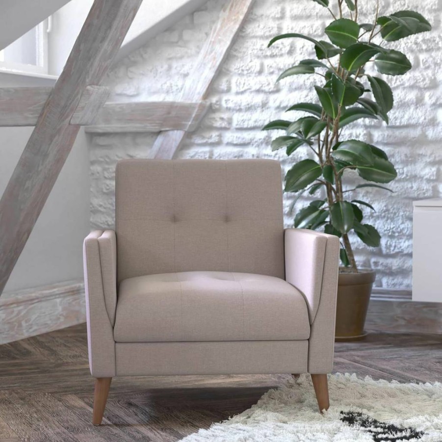 Flash Furniture Conrad Mid-Century Modern Chair - Taupe Faux Linen Upholstery, Wood Legs, Buttonless Design, Commercial Use