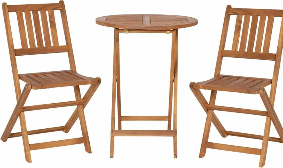 Flash Furniture 3-Piece Acacia Wood Patio Bistro Set - Round Folding Table & 2 Chairs - Natural Finish for Indoor/Outdoor Use - Slatted Design