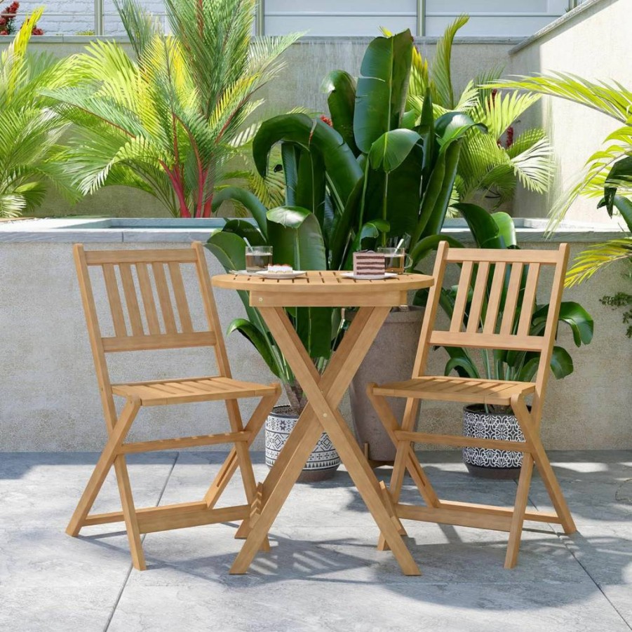 Flash Furniture 3-Piece Acacia Wood Patio Bistro Set - Round Folding Table & 2 Chairs - Natural Finish for Indoor/Outdoor Use - Slatted Design