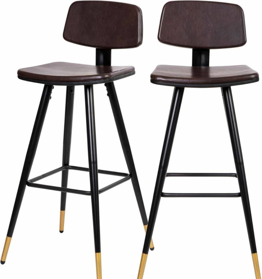 Flash Furniture Commercial Grade Black Leathersoft Barstools Set of 2 with Iron Frame & Gold Tipped Legs
