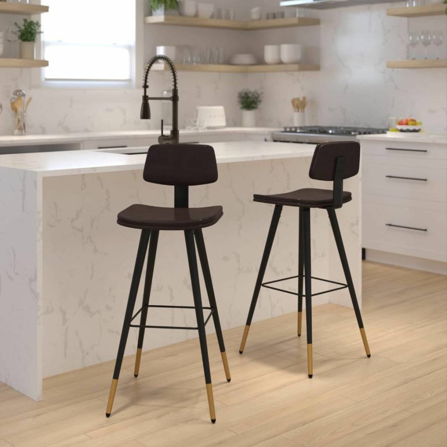 Flash Furniture Commercial Grade Black Leathersoft Barstools Set of 2 with Iron Frame & Gold Tipped Legs