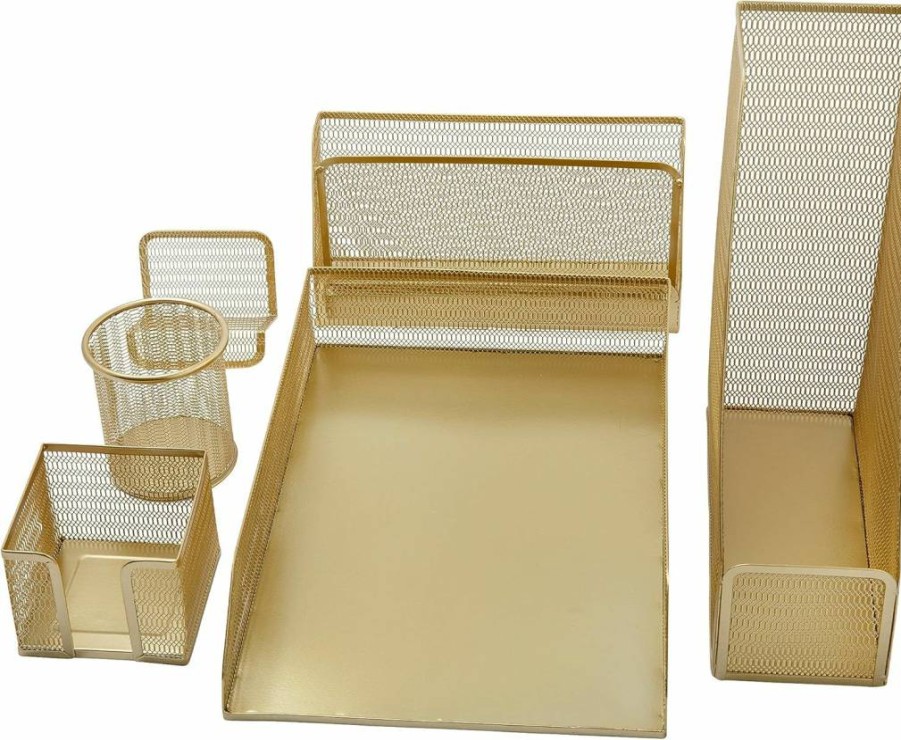 Martha Stewart Ryder Gold Mesh 6-Piece Desktop Organizer Set for Files, Magazines, Pens, Sticky Notes & Office Supplies
