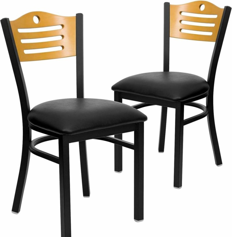 Flash Furniture Hercules Series 2-Pack Black Metal Restaurant Chairs with Natural Wood Slat Back and Seat
