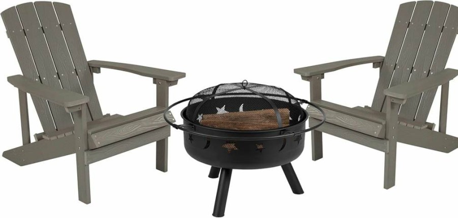 Flash Furniture 5-Piece Charlestown Adirondack Set: 4 White Poly Resin Chairs & Star Moon Fire Pit with Mesh Cover - Commercial Outdoor Patio Seating
