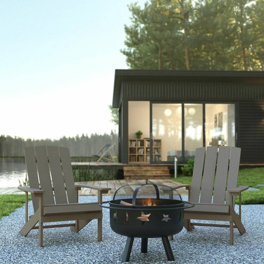Flash Furniture 5-Piece Charlestown Adirondack Set: 4 White Poly Resin Chairs & Star Moon Fire Pit with Mesh Cover - Commercial Outdoor Patio Seating