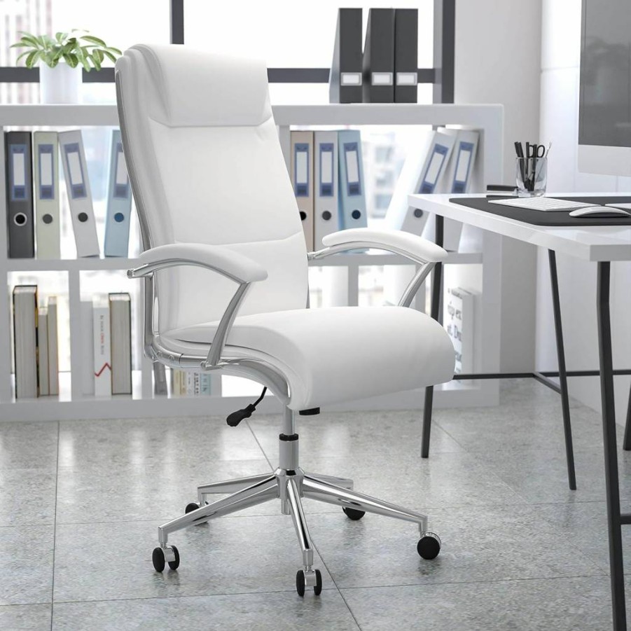 Flash Furniture Rebecca High Back Executive Office Chair - White LeatherSoft Upholstery, Swivel Base with Chrome Arms