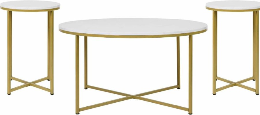 Flash Furniture 3-Piece Coffee Table Set - White Marble Laminate Top, Gold Crisscross Frame, Hampstead Collection Occasional Tables