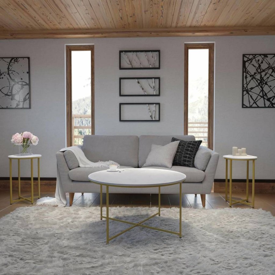 Flash Furniture 3-Piece Coffee Table Set - White Marble Laminate Top, Gold Crisscross Frame, Hampstead Collection Occasional Tables