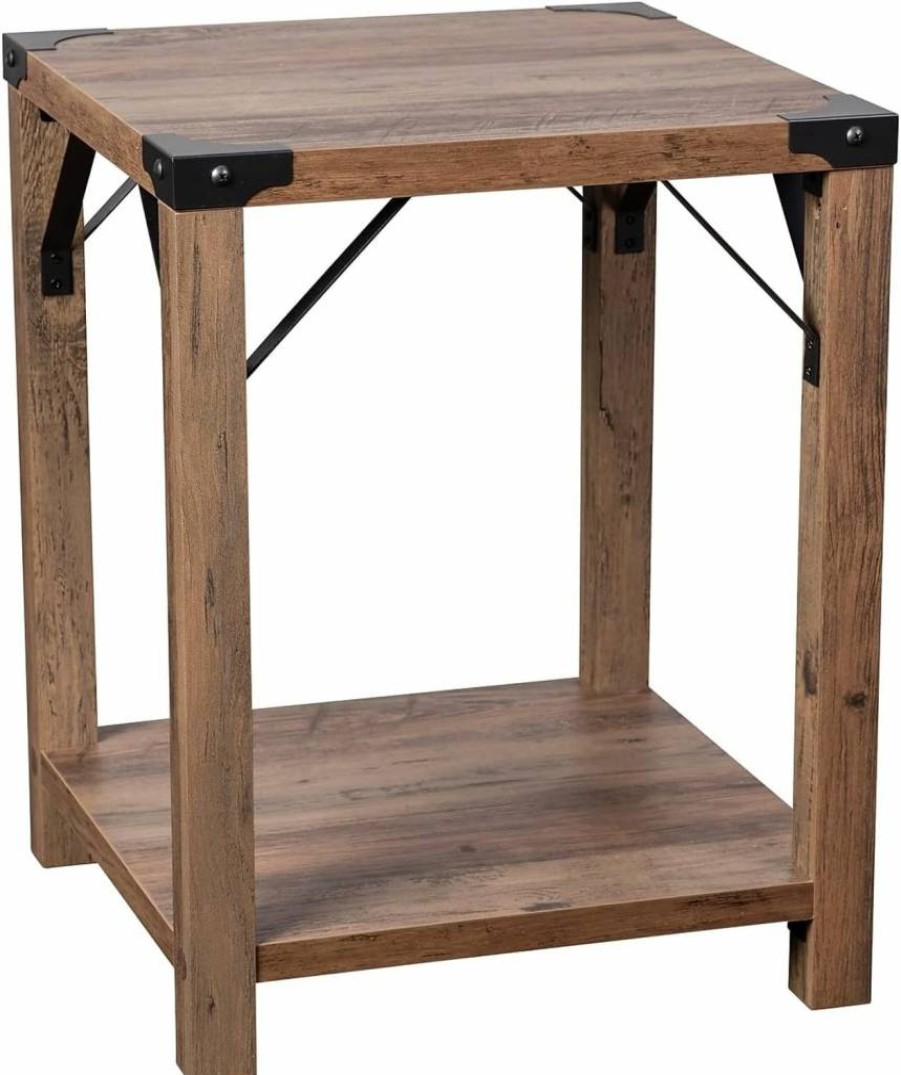 Flash Furniture Wyatt 2-Tier Side Table - Modern Farmhouse Design with Rustic Oak Finish & Black Metal Accents
