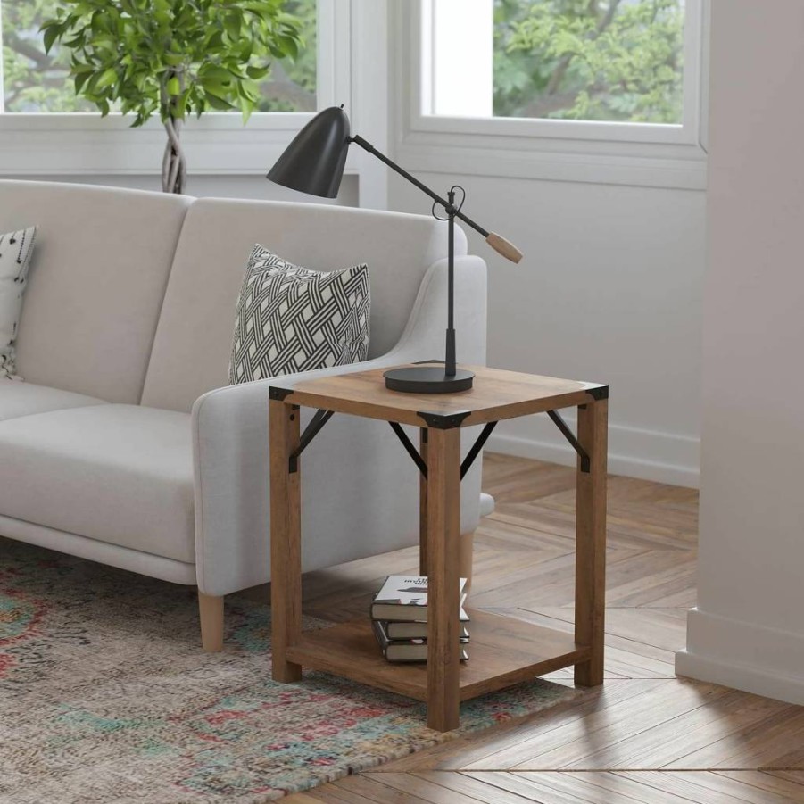 Flash Furniture Wyatt 2-Tier Side Table - Modern Farmhouse Design with Rustic Oak Finish & Black Metal Accents