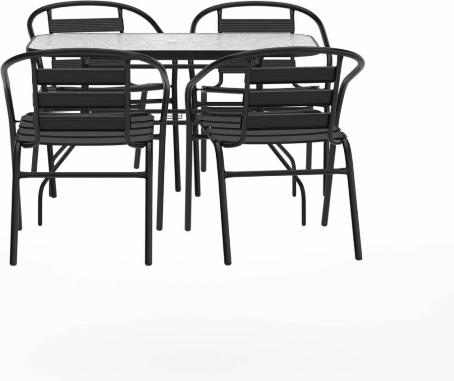 Flash Furniture 5-Piece Outdoor Dining Set with Tempered Glass Table and 4 Triple Slat Chairs, Black Patio Furniture for Commercial Use, 47" Round Table with Umbrella Hole