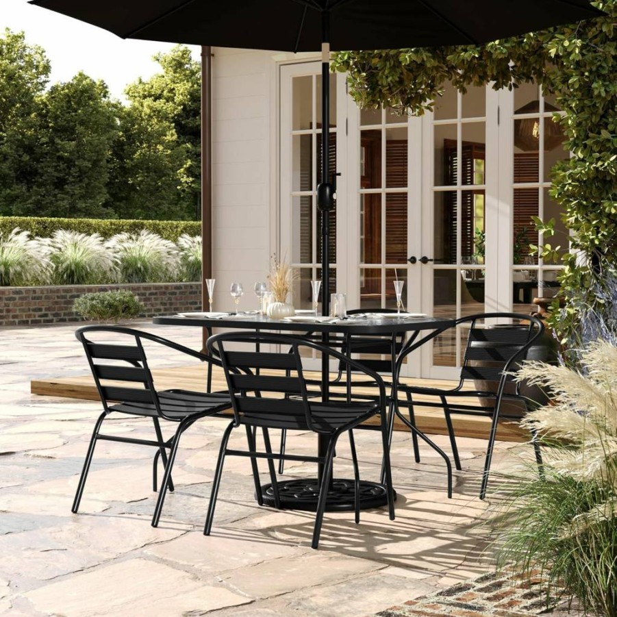 Flash Furniture 5-Piece Outdoor Dining Set with Tempered Glass Table and 4 Triple Slat Chairs, Black Patio Furniture for Commercial Use, 47" Round Table with Umbrella Hole