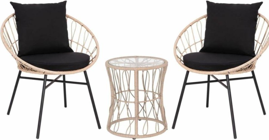 Flash Furniture Devon 3-Piece Bistro Set - Tan Rattan Papasan Chairs with Black Cushions & Glass Top Table for Indoor Outdoor Use