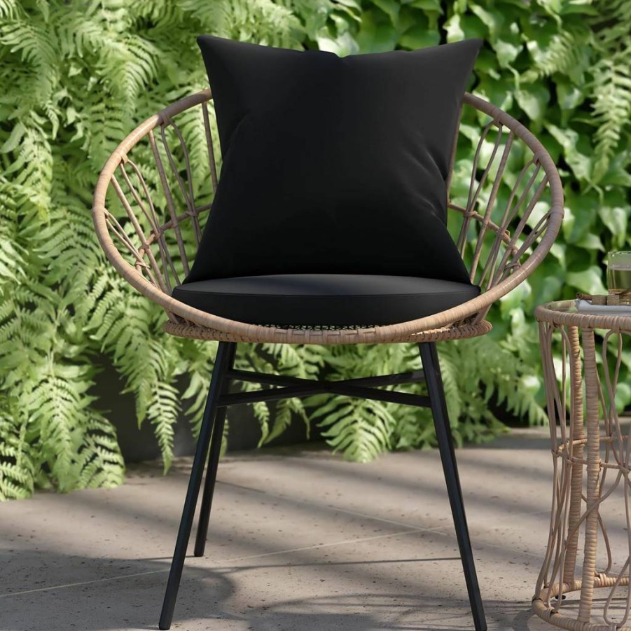 Flash Furniture Devon 3-Piece Bistro Set - Tan Rattan Papasan Chairs with Black Cushions & Glass Top Table for Indoor Outdoor Use