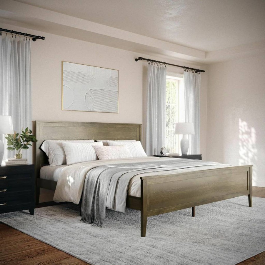 Martha Stewart Corbin Queen Solid Wood Bed Frame with Headboard & Footboard, Wood Slat Support, No Box Spring Required, Brown Gray Finish
