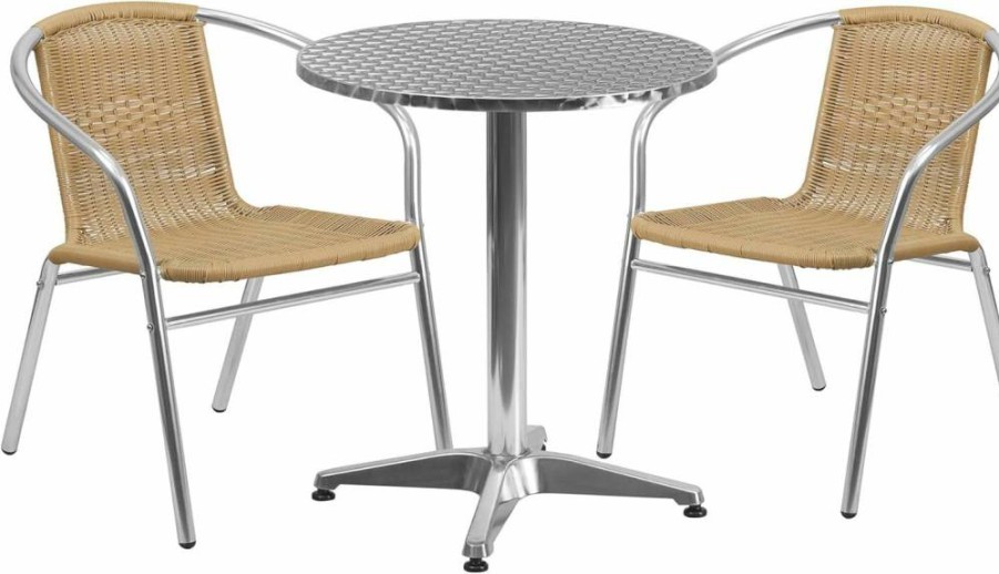Flash Furniture 23.5" Round Aluminum Patio Set with 2 Beige Rattan Chairs - Indoor-Outdoor Dining Table