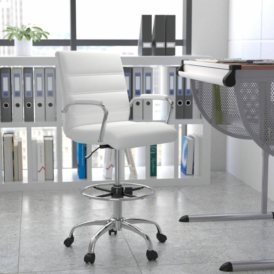 Flash Furniture Whitney Mid-Back Swivel Office Chair with Adjustable Height, Padded Leathersoft Seat, Armrests & Foot Ring - White & Chrome Drafting Chair for Desk