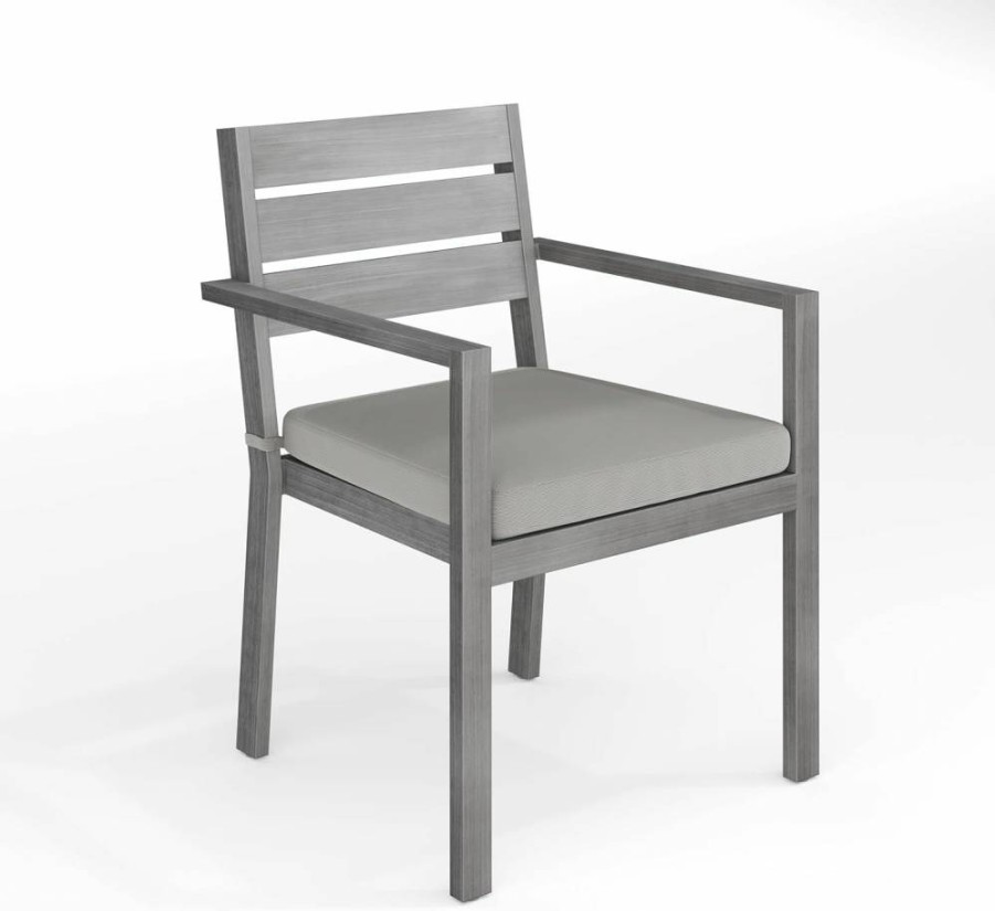 Martha Stewart Stackable Aluminum Patio Armchairs Set of 2 - Brown & Cream All-Weather Cushions, Brushed Woodgrain Finish, Indoor-Outdoor Use