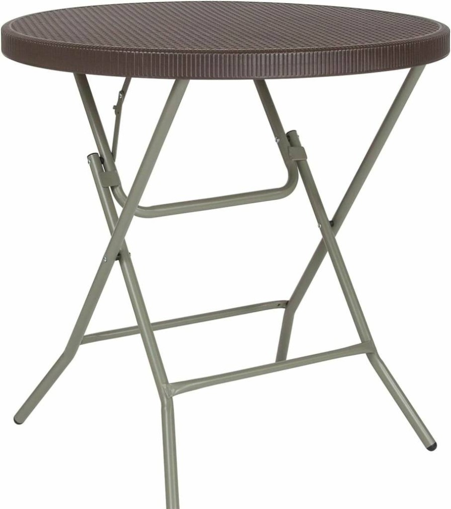 Flash Furniture 2.6ft Round Folding Table - Brown Rattan Plastic Outdoor Dining Patio Trellis Design
