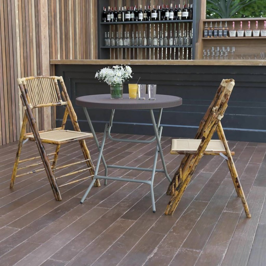 Flash Furniture 2.6ft Round Folding Table - Brown Rattan Plastic Outdoor Dining Patio Trellis Design