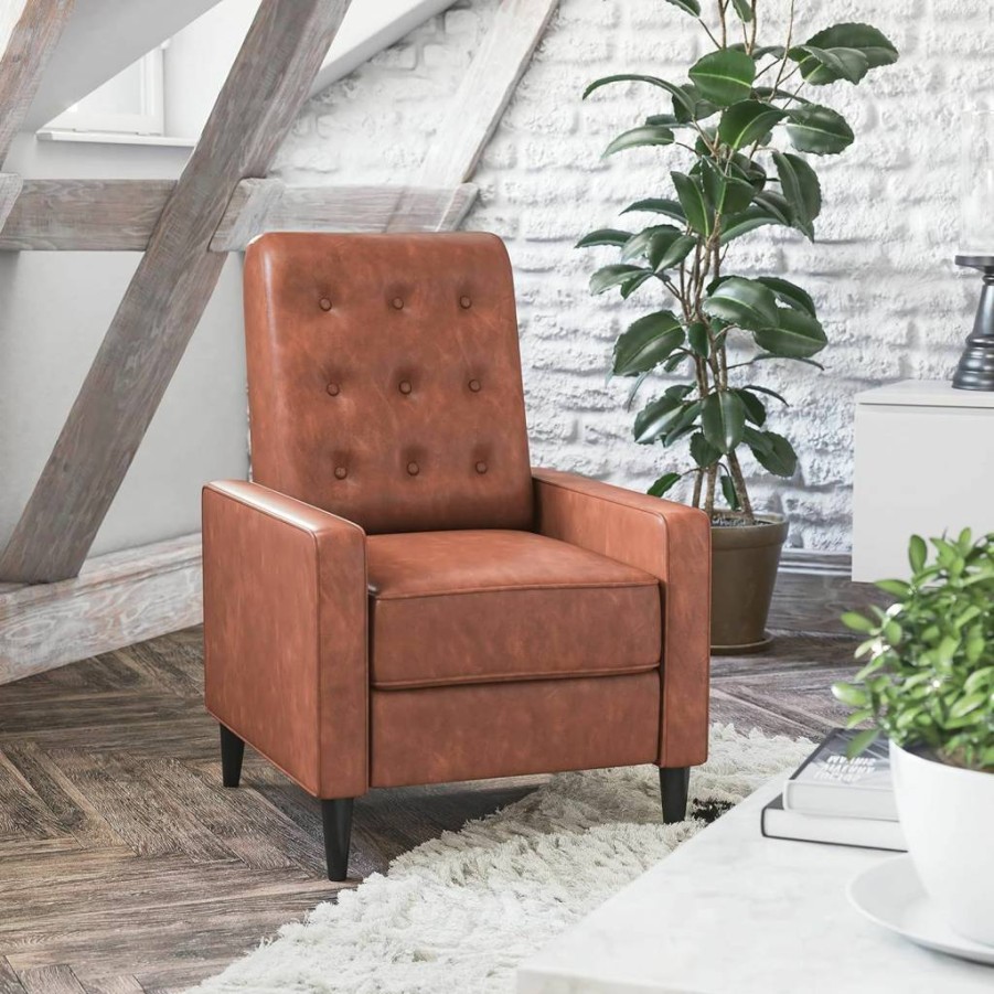 Flash Furniture Ezra Leathersoft Mid-Century Modern Recliner Chair - Cognac Brown Pushback Tufted Design for Home & Office