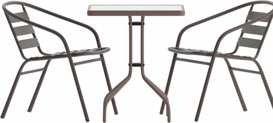 Flash Furniture Lila 23.5" Square Glass Top Table with 2 Black Aluminum Stacking Chairs - Modern Dining Set