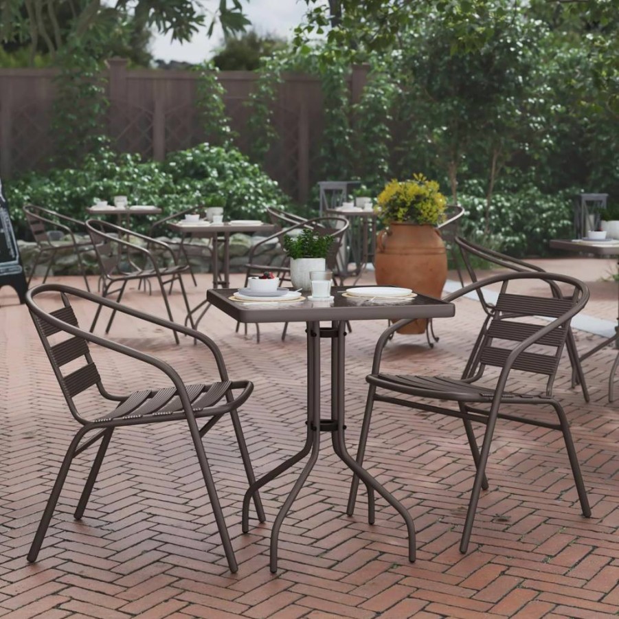 Flash Furniture Lila 23.5" Square Glass Top Table with 2 Black Aluminum Stacking Chairs - Modern Dining Set