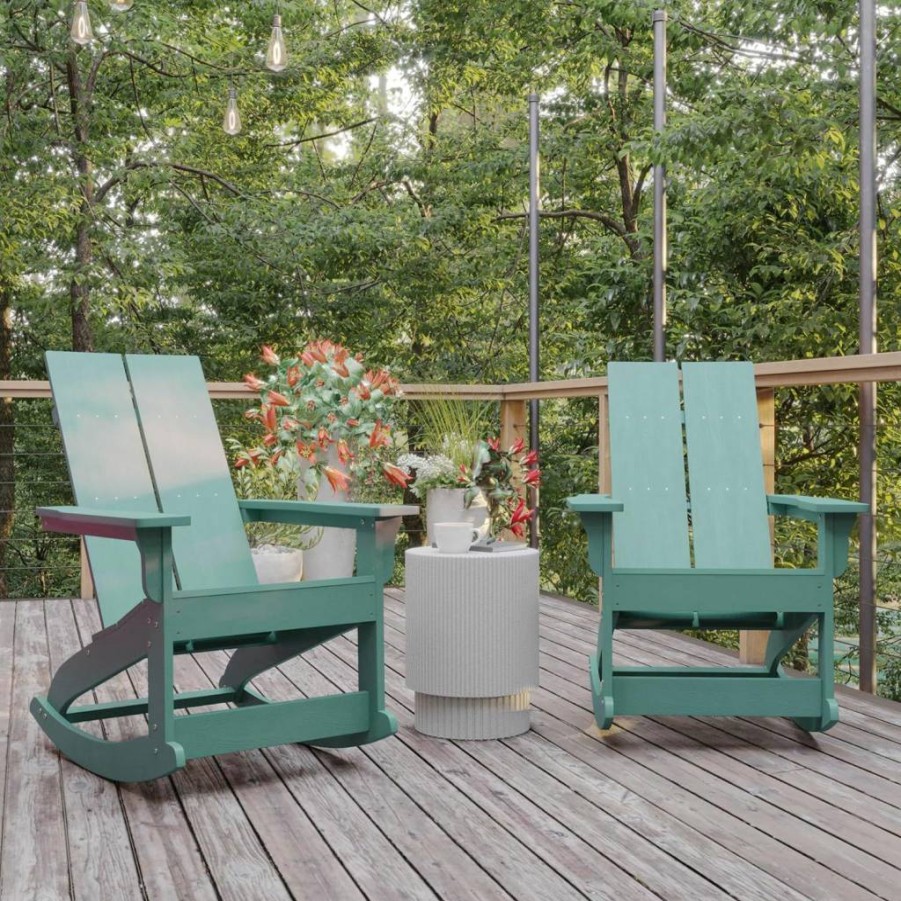 Flash Furniture Finn Modern Poly Resin Adirondack Rocking Chair - All-Weather Gray - Stainless Steel Hardware - Commercial Grade