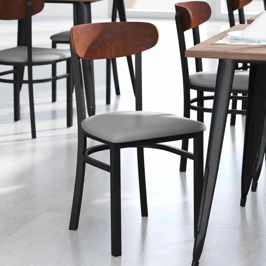 Flash Furniture Wright 2-Pack Commercial Dining Chairs - Walnut Boomerang Back, Black Vinyl Seats, 500lb Capacity Steel Frame with Footrest