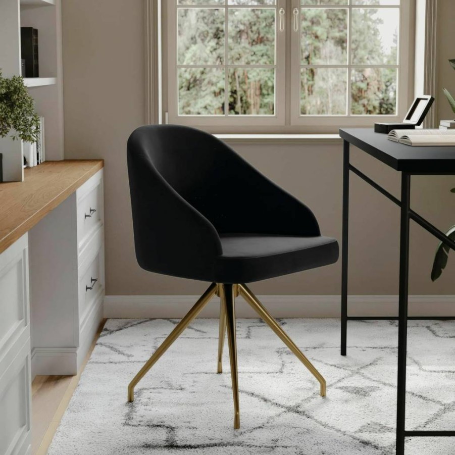 Martha Stewart Swivel Office Chair - Gray Velvet Upholstery with Oil-Rubbed Bronze Frame, Sloped Arms, Ergonomic Task Chair for Home Workspace
