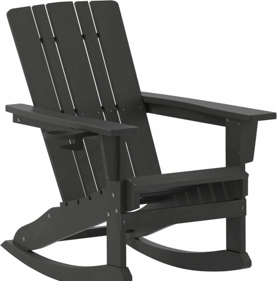 Flash Furniture Halifax Blue Poly Resin Adirondack Rocking Chair with Cup Holder - Weather-Resistant Outdoor Rocker