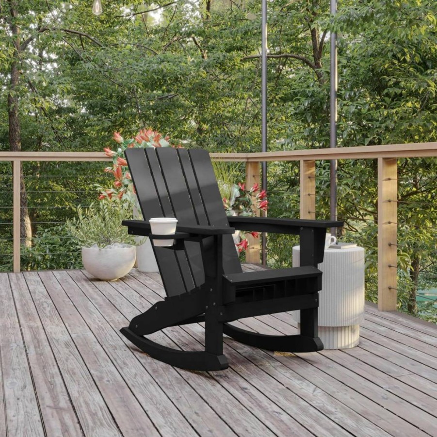 Flash Furniture Halifax Blue Poly Resin Adirondack Rocking Chair with Cup Holder - Weather-Resistant Outdoor Rocker